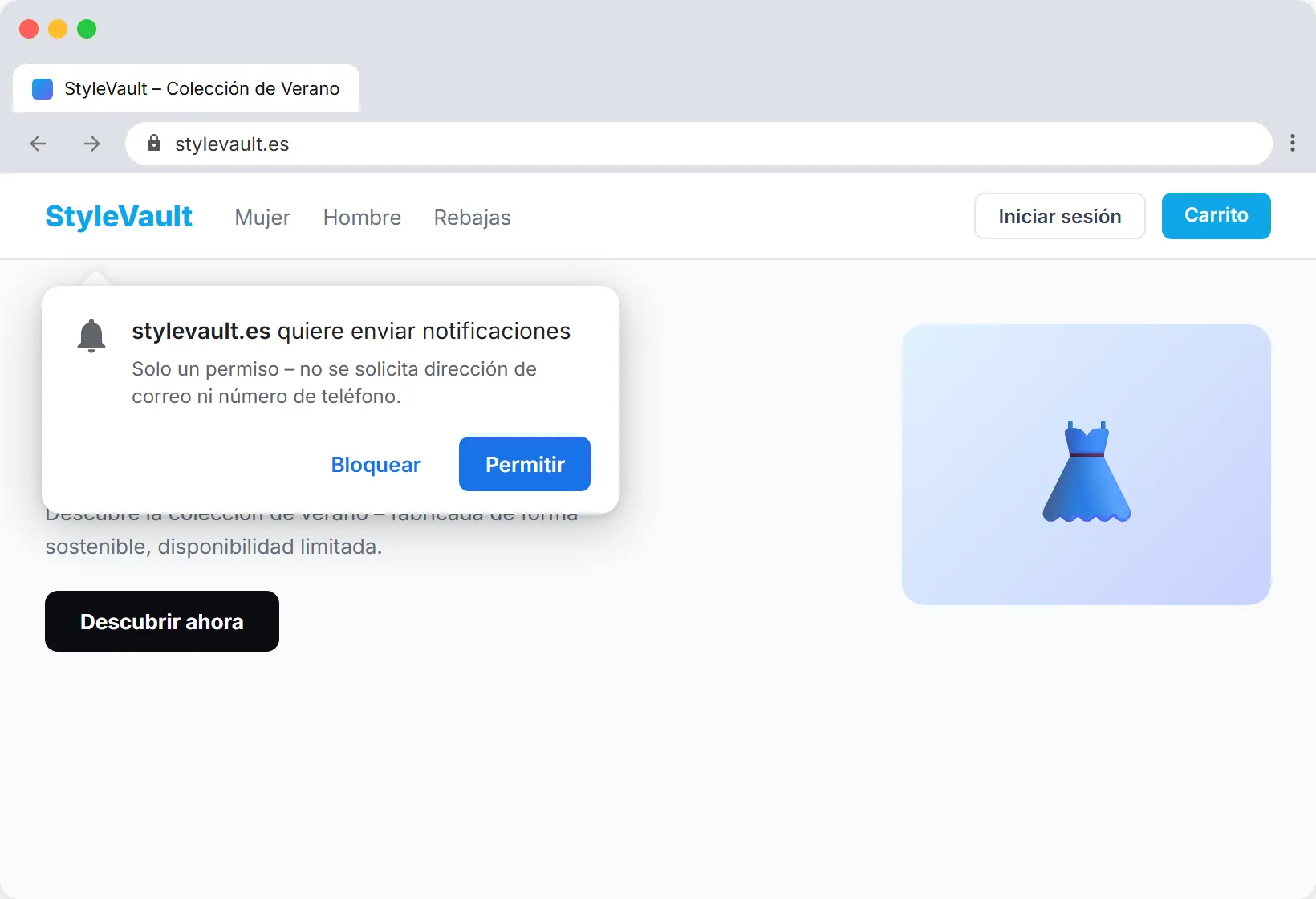SendSeven prompt de opt-in Browser Push en español: Este sitio web quiere enviarle notificaciones, con botones Permitir y Bloquear
