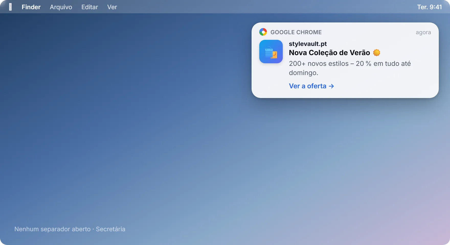 Browser Push Notification de alerta de preco: Boa noticia! O produto que viu baixou para 89 € com link para a pagina do produto