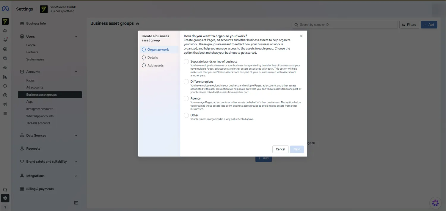 Dialog for creating a Business Asset Group in the Meta business settings
