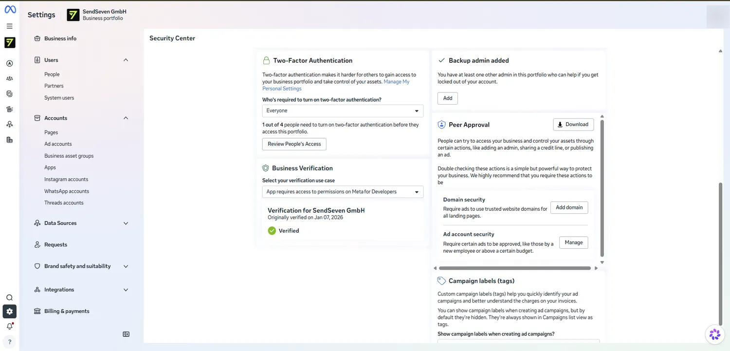 Security Center in the Meta Business Manager with two-factor authentication and confirmed business verification