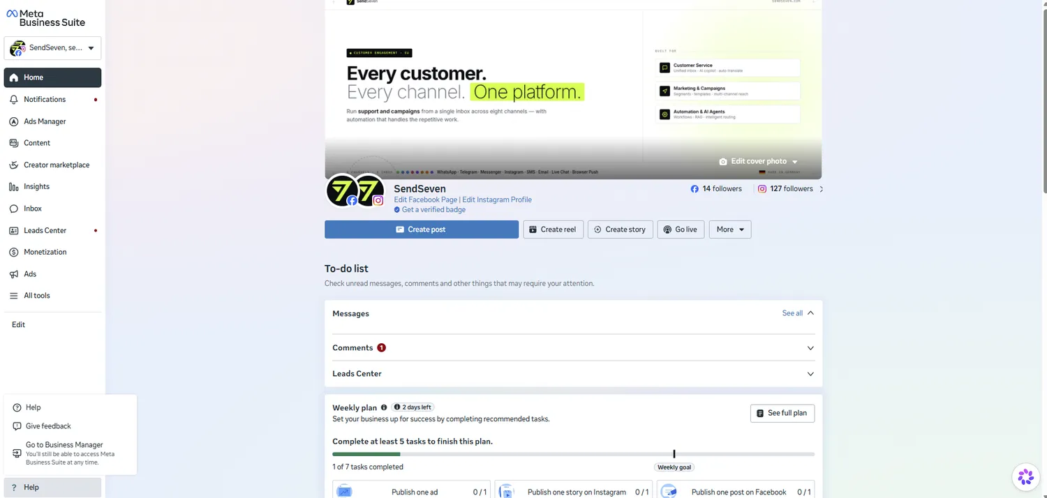 Meta Business Suite home screen with the left-hand navigation, shown on the SendSeven Business Portfolio
