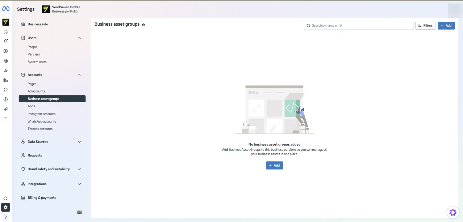 Business settings in the Meta Business Manager with the left-hand menu for users, accounts and the Security Center
