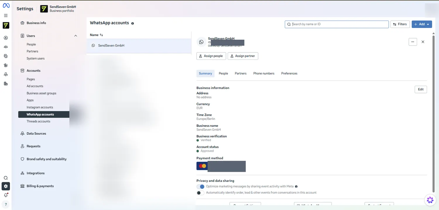 WhatsApp accounts in the Meta Business Manager: the WhatsApp Business Account as an asset that SendSeven connects to the WhatsApp Business API
