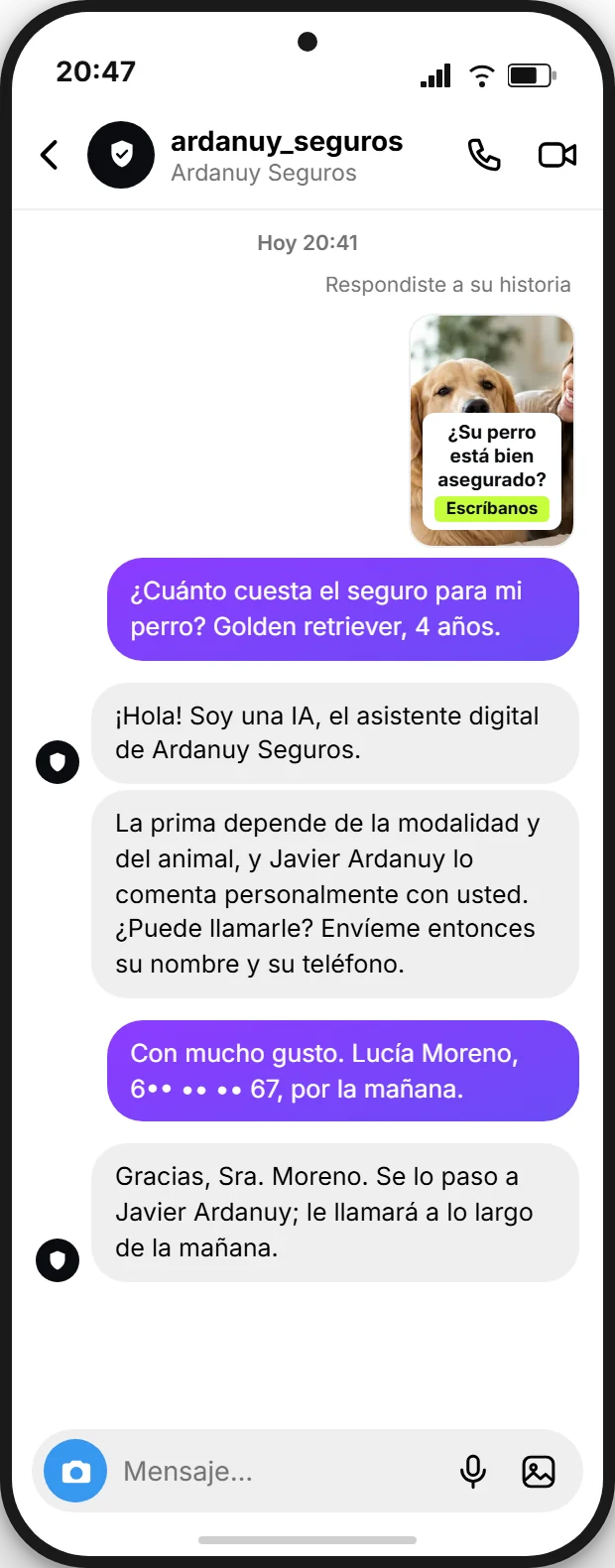 Mensaje directo de Instagram a una correduría tras una story sobre el seguro para perros: el asistente digital se presenta como IA, no da ningún precio, pide un nombre y un teléfono de contacto y traspasa a Javier Ardanuy, maqueta de SendSeven