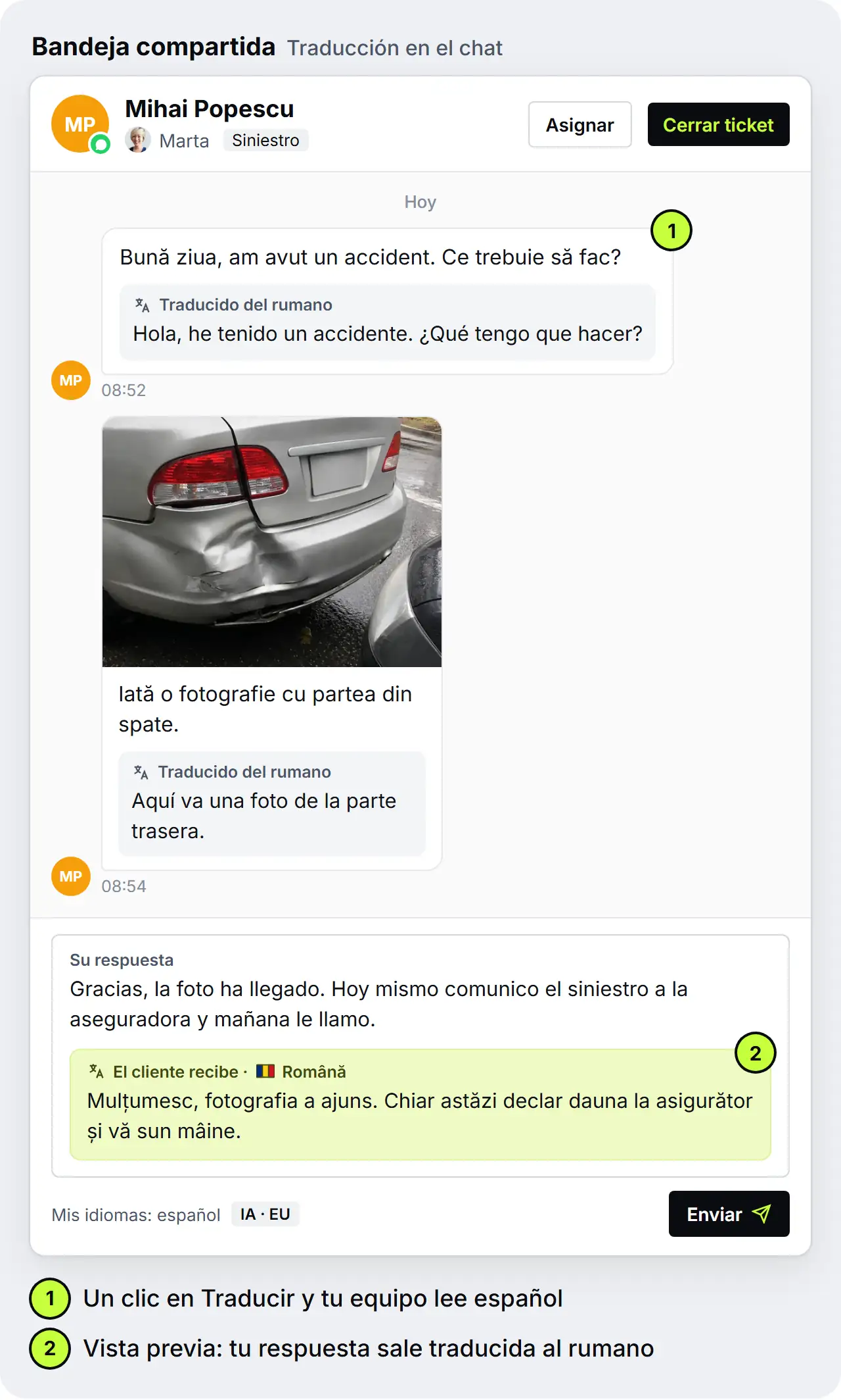 Conversación en la bandeja compartida: bajo los dos mensajes de un cliente rumano aparece la traducción al español, con la etiqueta «Traducido del rumano»; la respuesta de la correduría, escrita en español, sale traducida al rumano, y una vista previa muestra lo que recibe el cliente, maqueta de SendSeven
