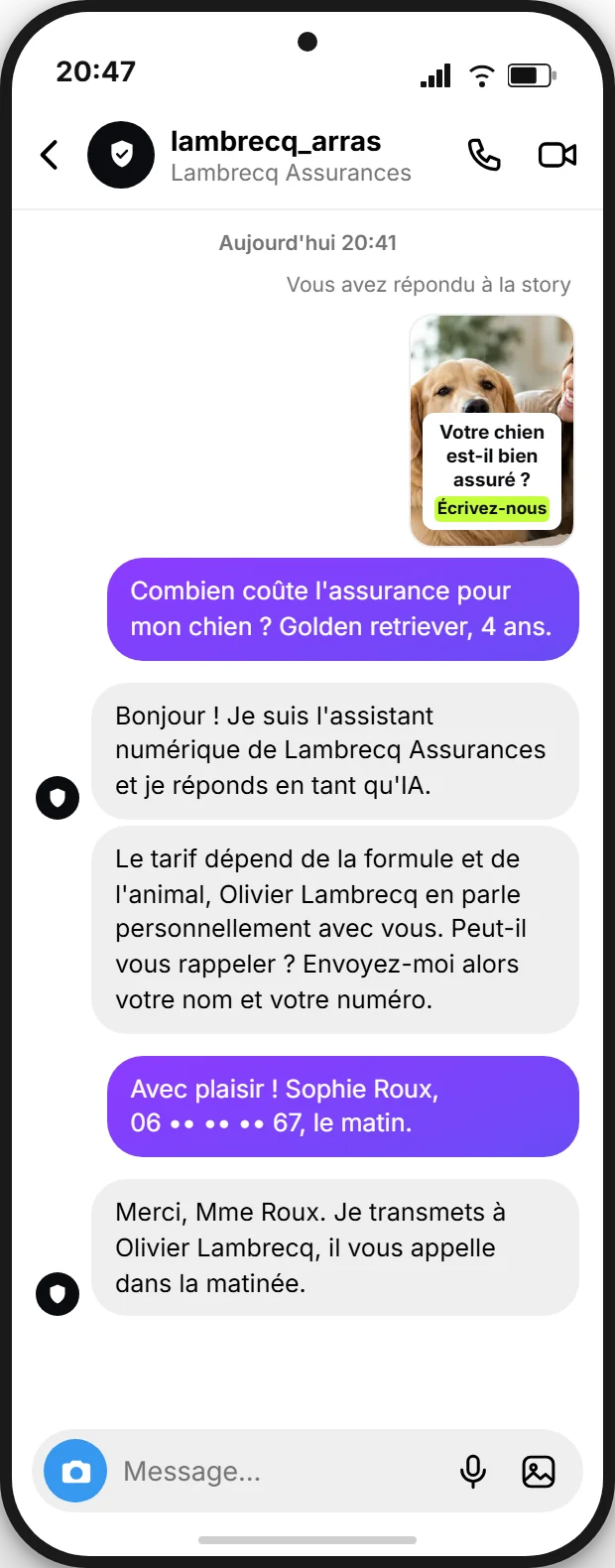 Message privé Instagram à un cabinet de courtage après une story sur l'assurance animaux : l'assistant numérique se présente comme une IA, ne donne aucun prix, demande un nom et un numéro de rappel, puis transmet à Olivier Lambrecq, maquette SendSeven