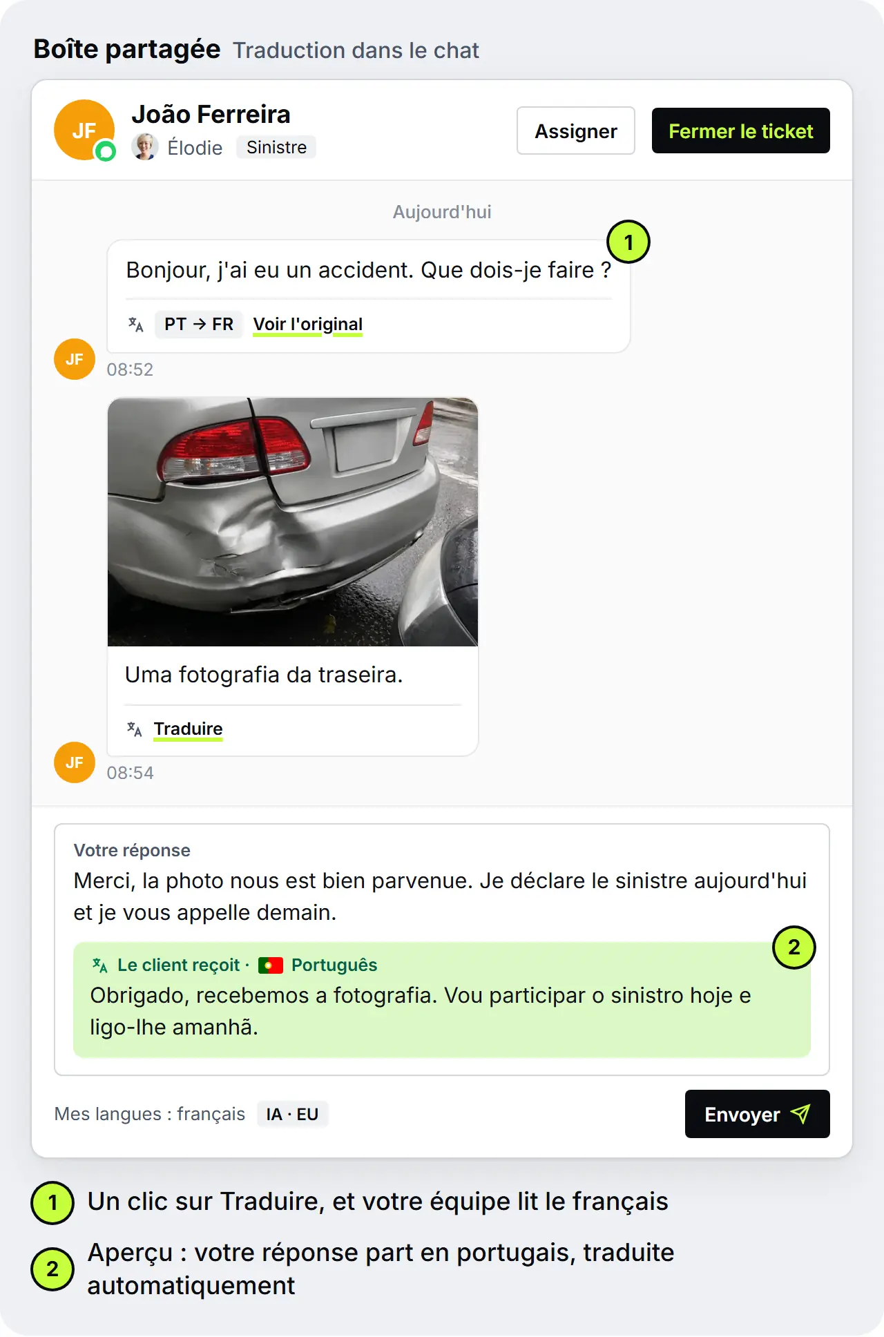 Conversation dans la boîte partagée : sous le premier message d'un client portugais, la traduction française avec « Voir l'original » ; un second message, une photo légendée en portugais, attend le clic sur « Traduire » ; la réponse du cabinet en français part traduite en portugais, maquette SendSeven