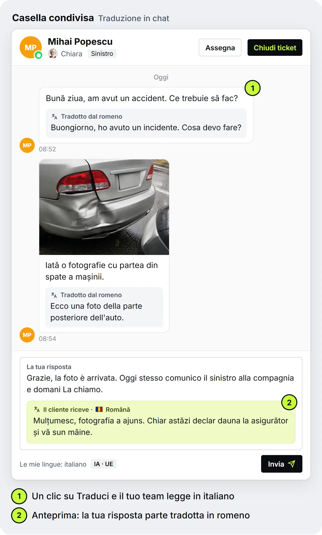 Conversazione nella casella condivisa: sotto i due messaggi di un cliente romeno compare la traduzione in italiano, con l'etichetta «Tradotto dal romeno»; la risposta dello studio, scritta in italiano, parte tradotta in romeno e un'anteprima mostra che cosa riceve il cliente, mockup di SendSeven