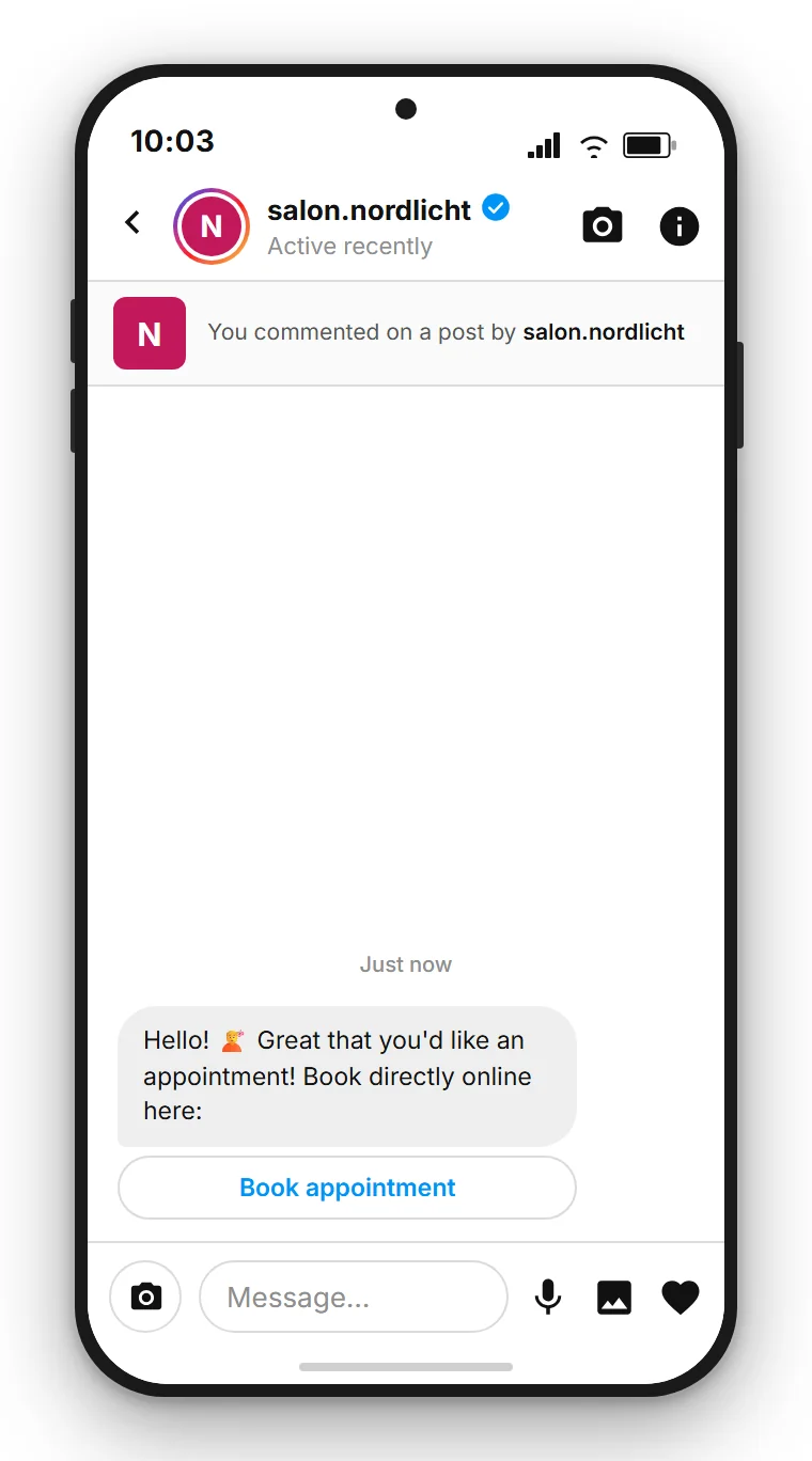 SendSeven Comment-to-DM: automated Instagram direct message with a booking button already in the first message
