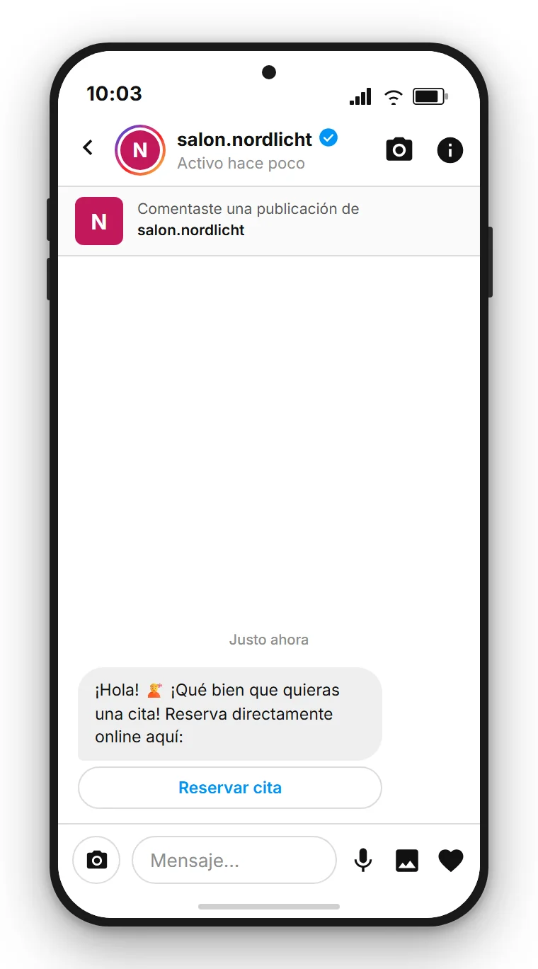 SendSeven Comment-to-DM: mensaje directo automático de Instagram con botón de reserva ya en el primer mensaje