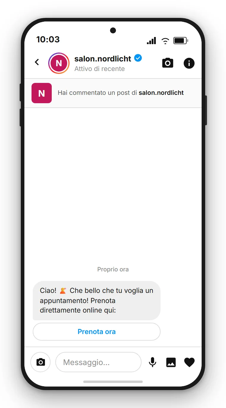 SendSeven Comment-to-DM: messaggio diretto Instagram automatico con pulsante di prenotazione già nel primo messaggio