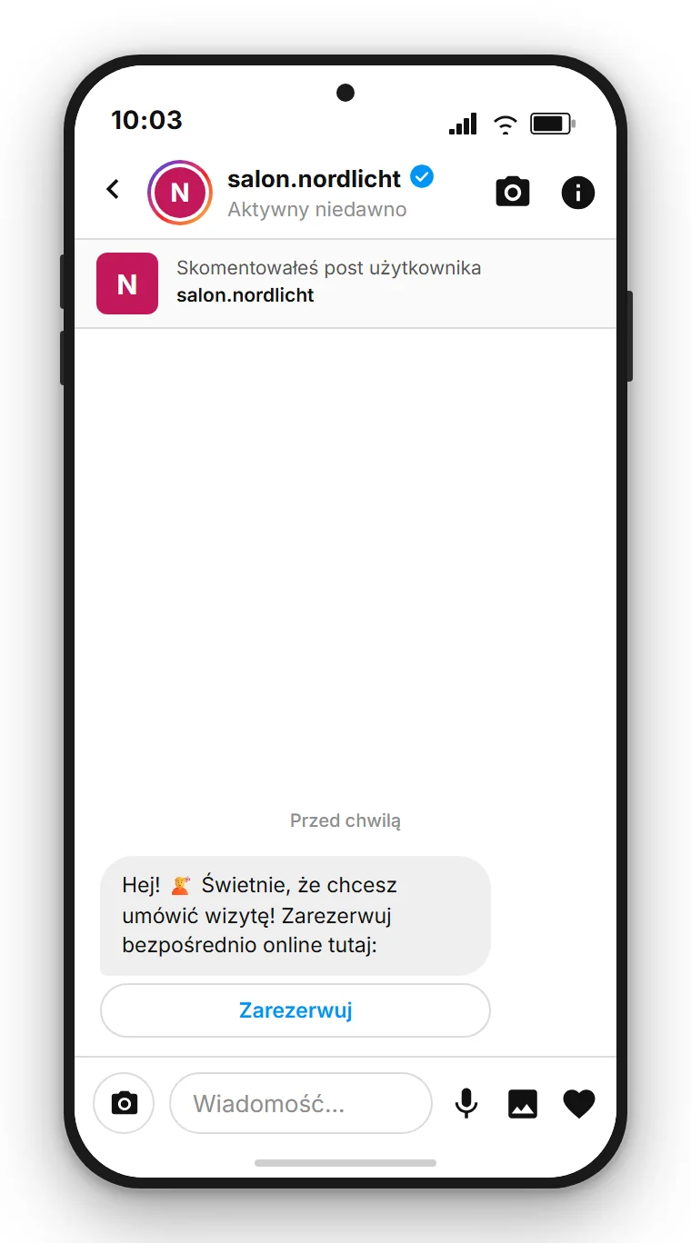 SendSeven Comment-to-DM: automatyczna wiadomość prywatna na Instagramie z przyciskiem rezerwacji już w pierwszej wiadomości