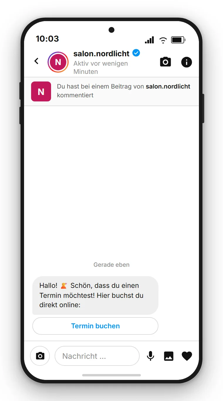 SendSeven Comment-to-DM: automatische Instagram-Direktnachricht mit Termin-Schaltfläche bereits in der ersten Nachricht