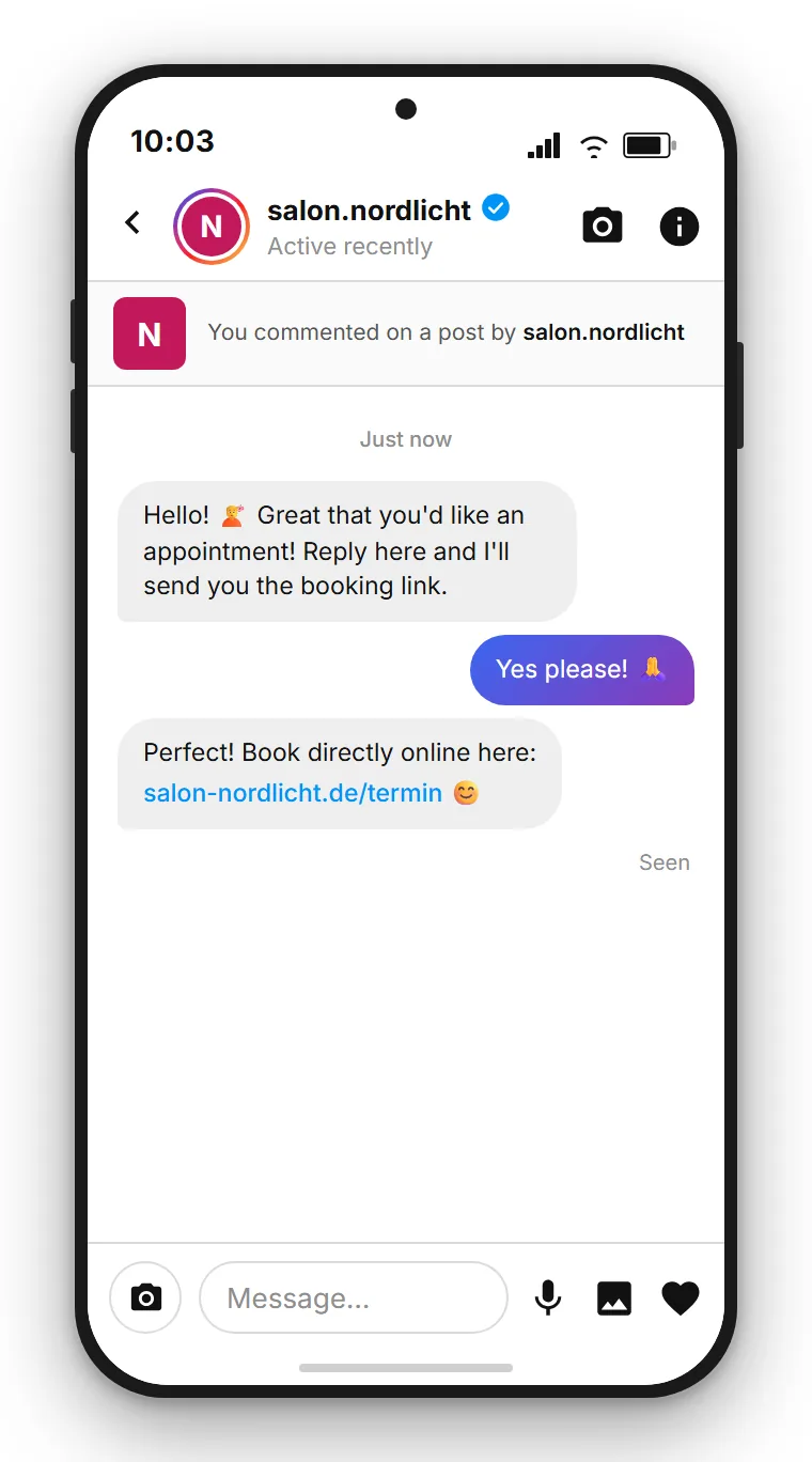 SendSeven Comment-to-DM: automatic Instagram direct message with booking link and quick-reply button after a BOOK comment