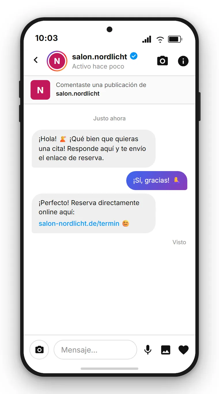 SendSeven Comment-to-DM: mensaje directo automático de Instagram con enlace de reserva y botón de respuesta rápida, enviado tras un comentario CITA