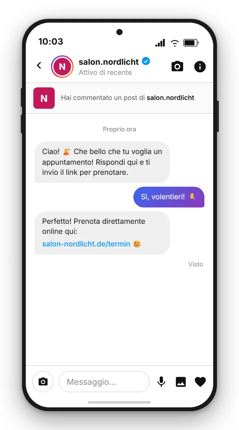 SendSeven esempio: DM automatico con link di prenotazione per appuntamento dopo un commento Instagram alla parola chiave APPUNTAMENTO