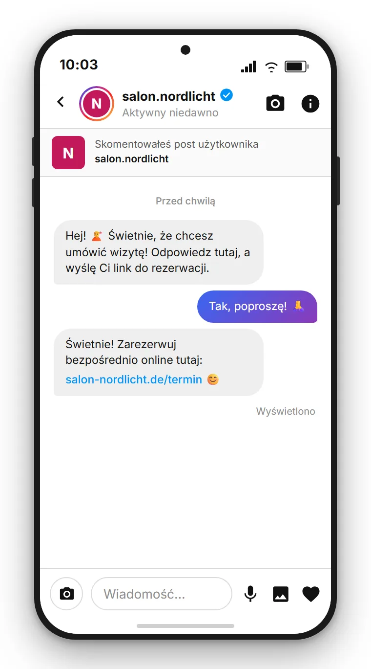 SendSeven Flow Builder: Comment-to-DM dla rezerwacji – od komentarza TERMIN do automatycznej DM z linkiem do systemu rezerwacji