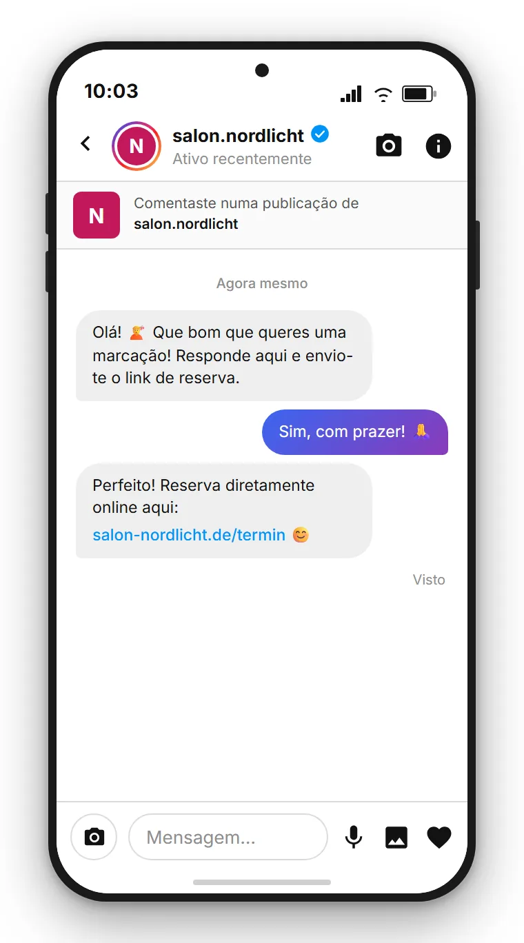 SendSeven Comment-to-DM: DM automática do Instagram com link de reserva e botão de resposta rápida, após o comentário MARCAR
