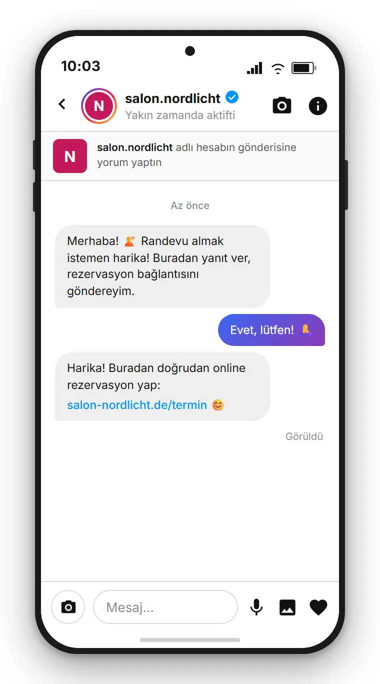SendSeven Comment-to-DM: RANDEVU yorumundan sonra rezervasyon bağlantısı ve hızlı yanıt düğmesiyle otomatik Instagram doğrudan mesajı