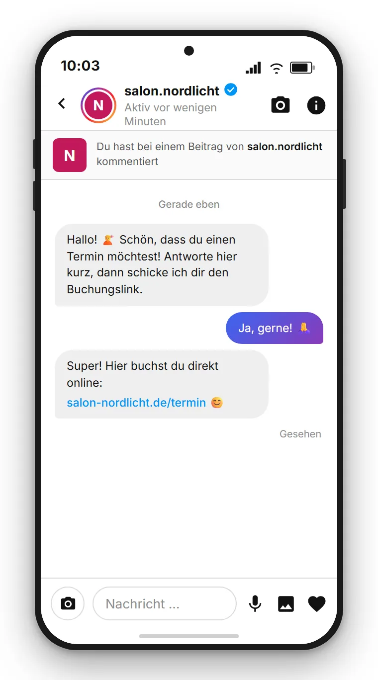 SendSeven Comment-to-DM: automatische Instagram-Direktnachricht mit Buchungslink und Schnellantwort-Schaltfläche nach einem TERMIN-Kommentar