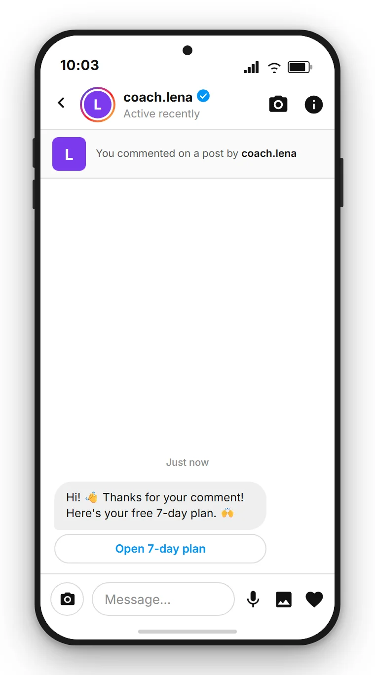 SendSeven Comment-to-DM: automated Instagram direct message with a button to the free 7-day plan in the first message
