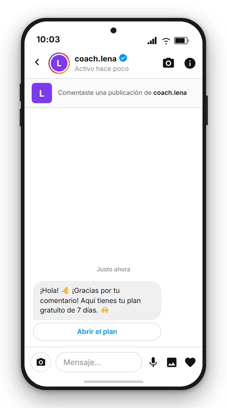 SendSeven Comment-to-DM: mensaje directo automático de Instagram con un botón al plan gratuito de 7 días en el primer mensaje