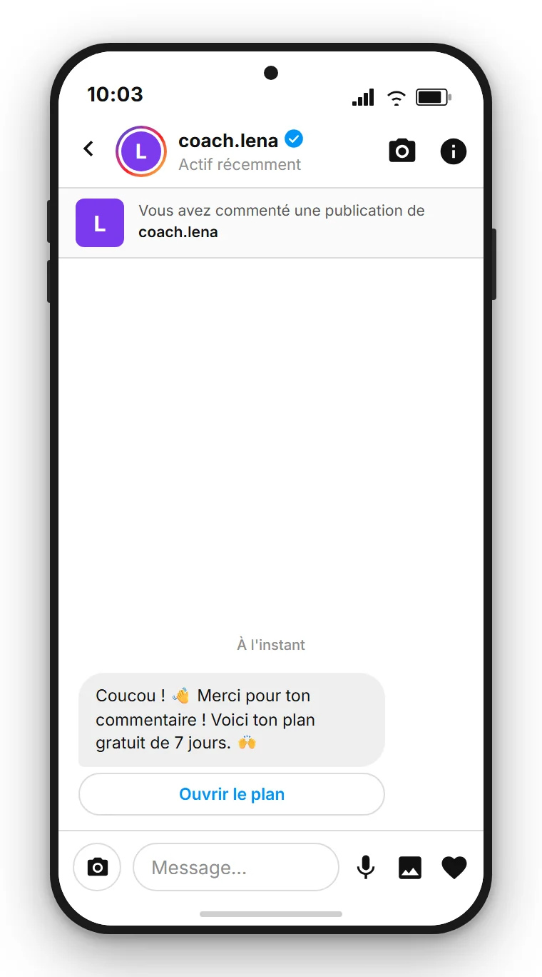 SendSeven Comment-to-DM : message direct Instagram automatique avec un bouton vers le plan gratuit de 7 jours dès le premier message