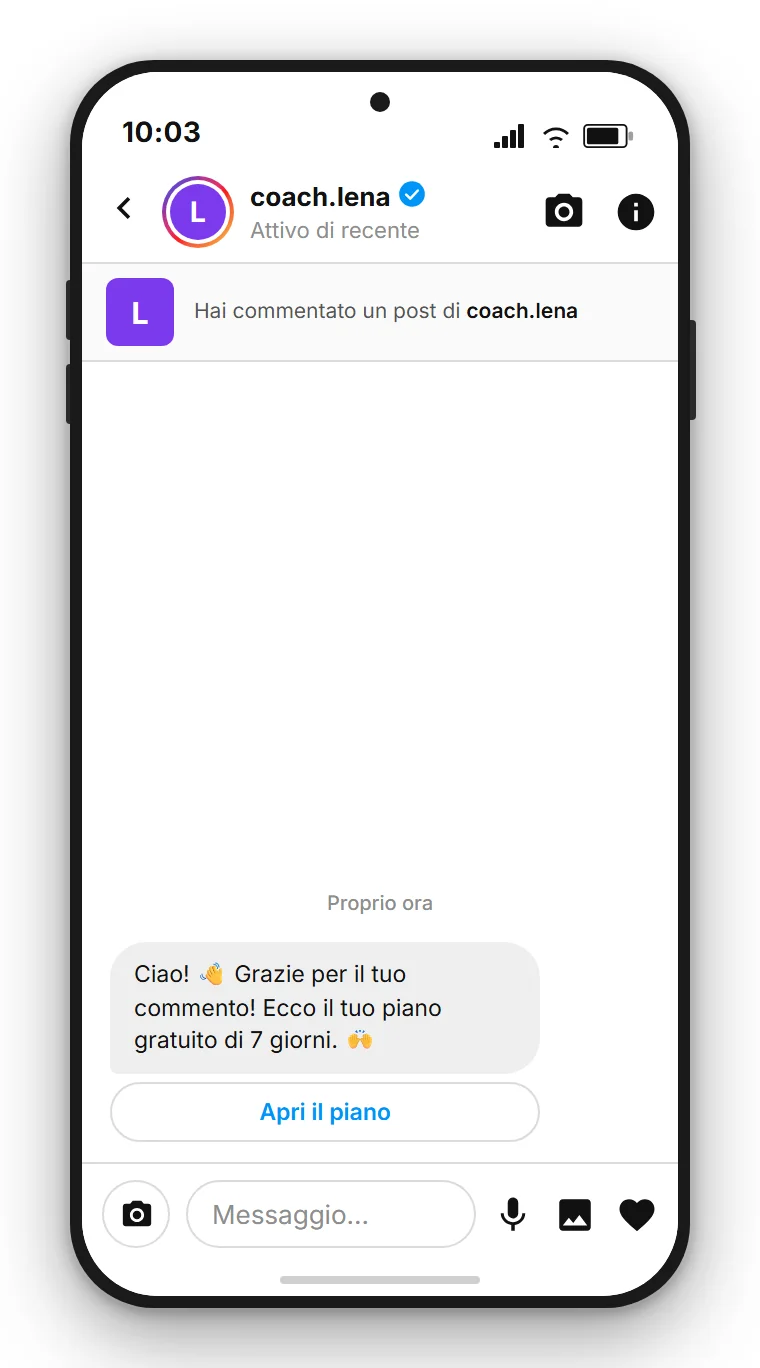 SendSeven Comment-to-DM: messaggio diretto Instagram automatico con pulsante verso il piano gratuito di 7 giorni nel primo messaggio