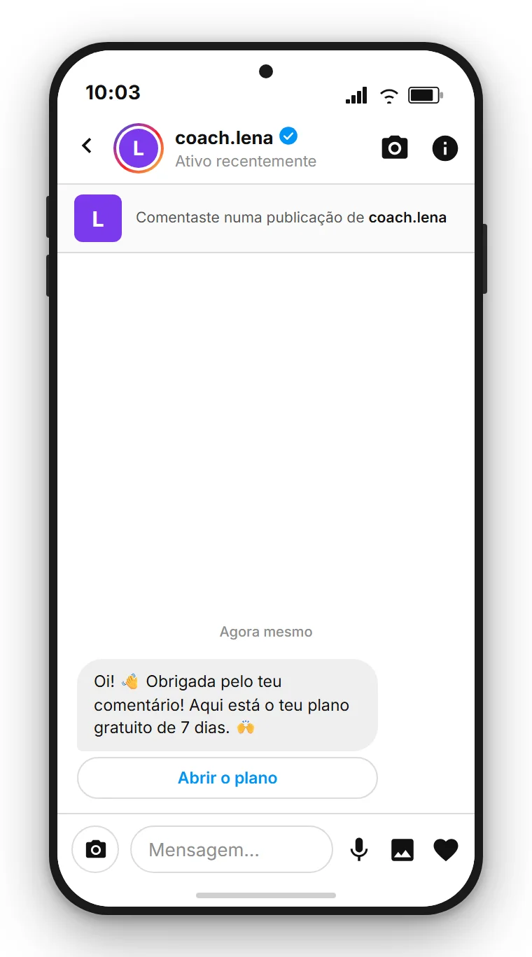 SendSeven Comment-to-DM: mensagem direta automática do Instagram com botão para o plano gratuito de 7 dias na primeira mensagem