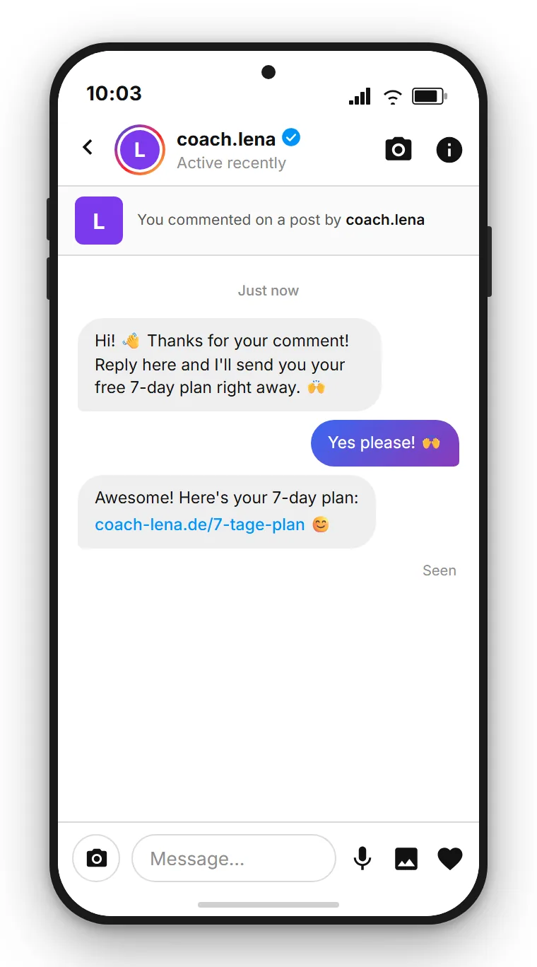 SendSeven: Instagram DM from a coach sending a personal download link to a free 7-day plan after the keyword PLAN was commented