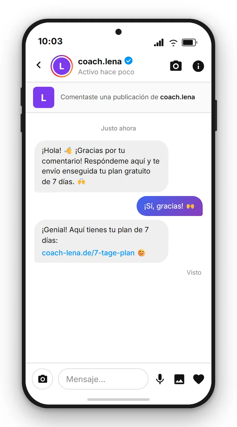 SendSeven: DM de Instagram de un coach que, tras el comentario PLAN, envía un enlace de descarga personal al plan de 7 días gratuito