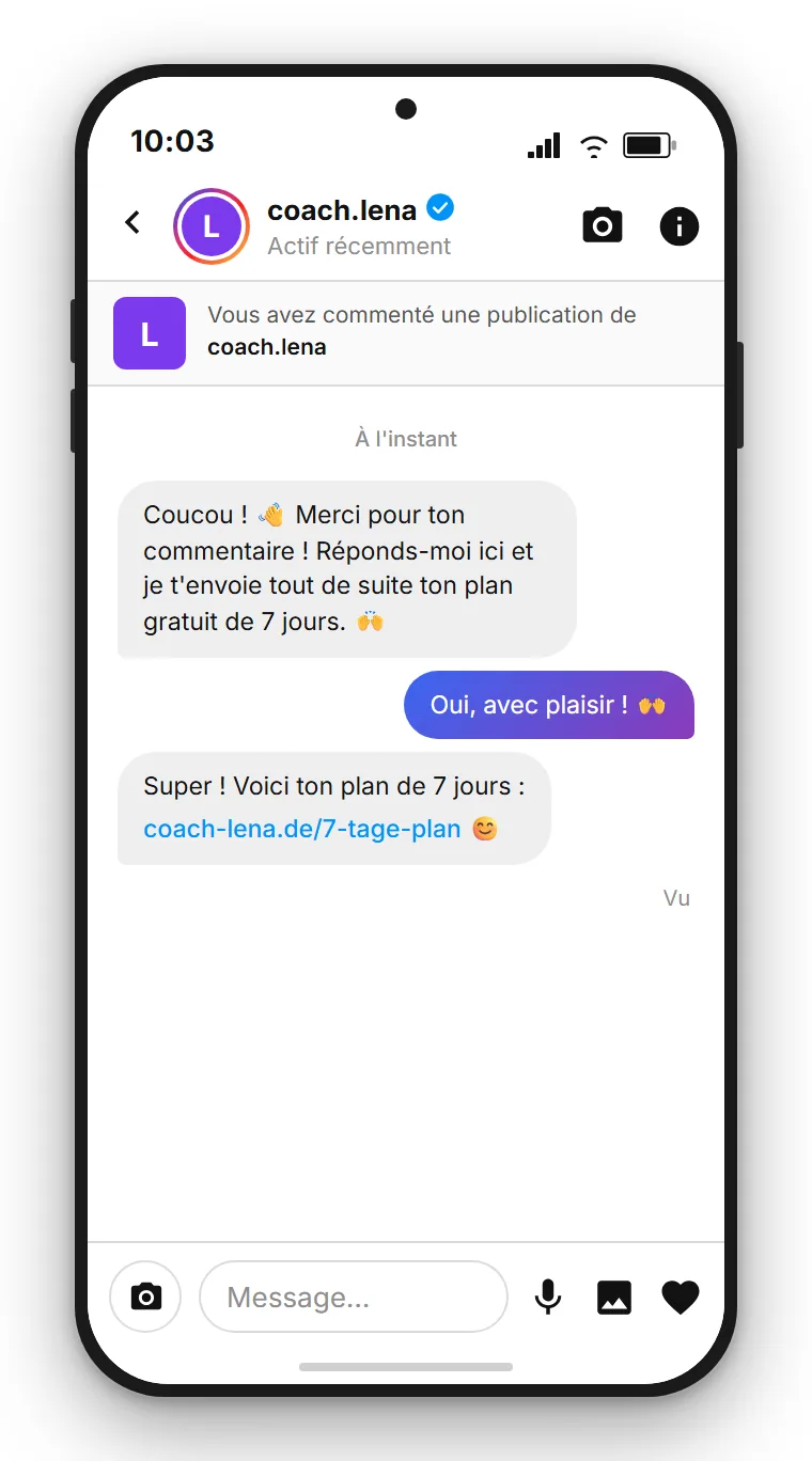 SendSeven : DM Instagram d'un coach qui, après le commentaire PLAN, envoie un lien de téléchargement personnalisé vers le plan gratuit en 7 jours