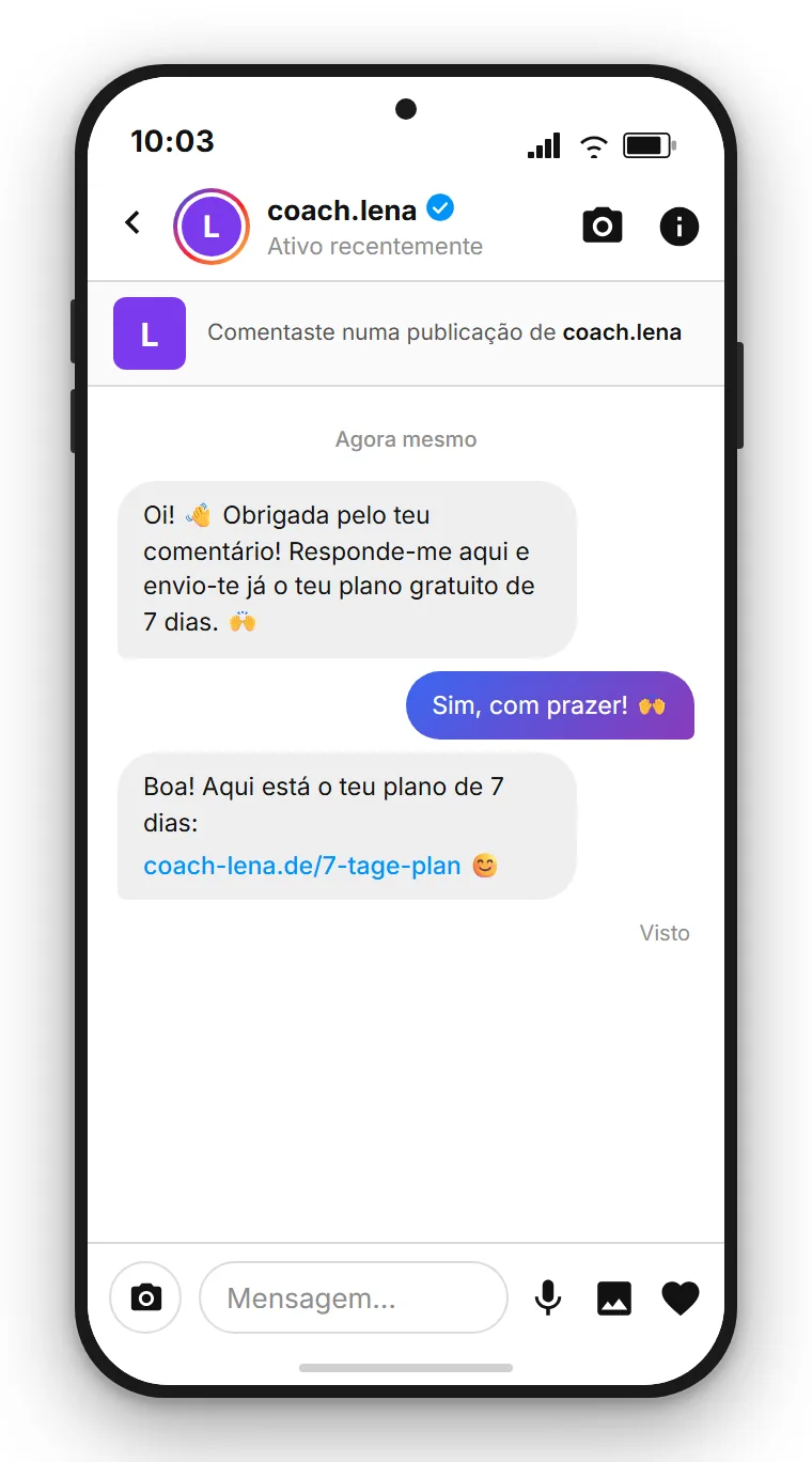 SendSeven exemplo: DM automática do Instagram para uma coach, com o guia em PDF como link de download após o comentário com a palavra-chave