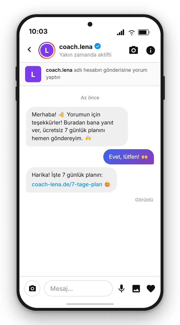 SendSeven: PLAN yorumundan sonra kişisel indirme bağlantısını içeren ücretsiz 7 günlük planı otomatik olarak gönderen bir koçun Instagram DM'i