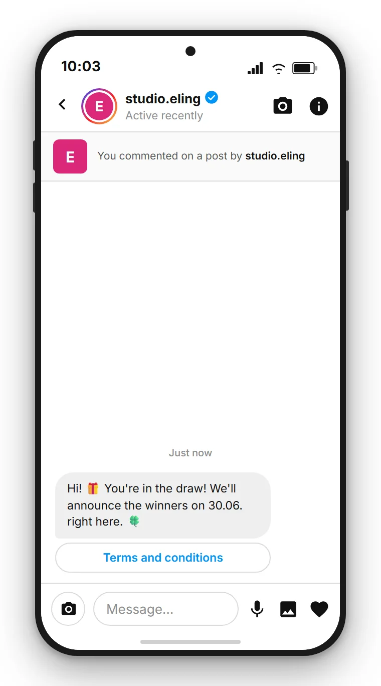 SendSeven Comment-to-DM: automated Instagram direct message with a button to the giveaway terms in the first message