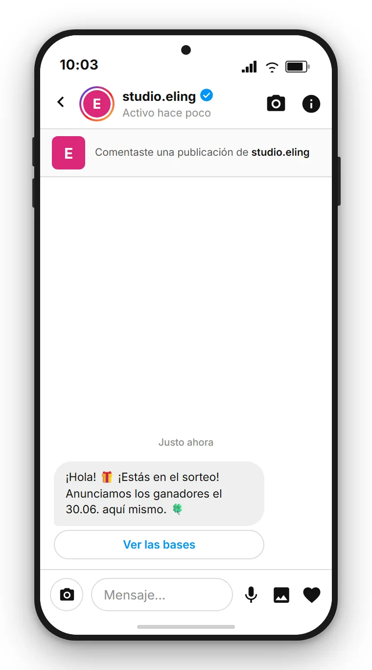 SendSeven Comment-to-DM: mensaje directo automático de Instagram con un botón a las bases del sorteo en el primer mensaje