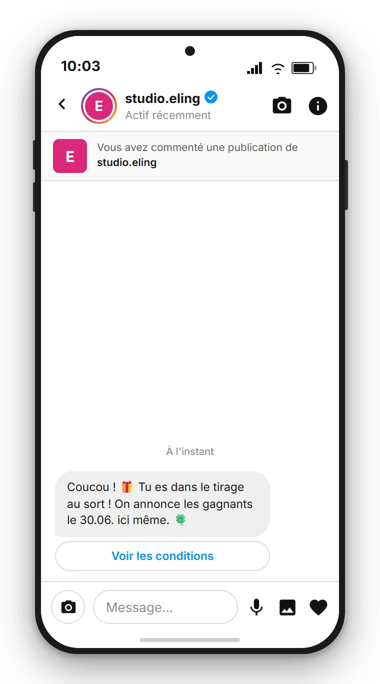 SendSeven Comment-to-DM : message direct Instagram automatique avec un bouton vers les conditions du jeu concours dès le premier message