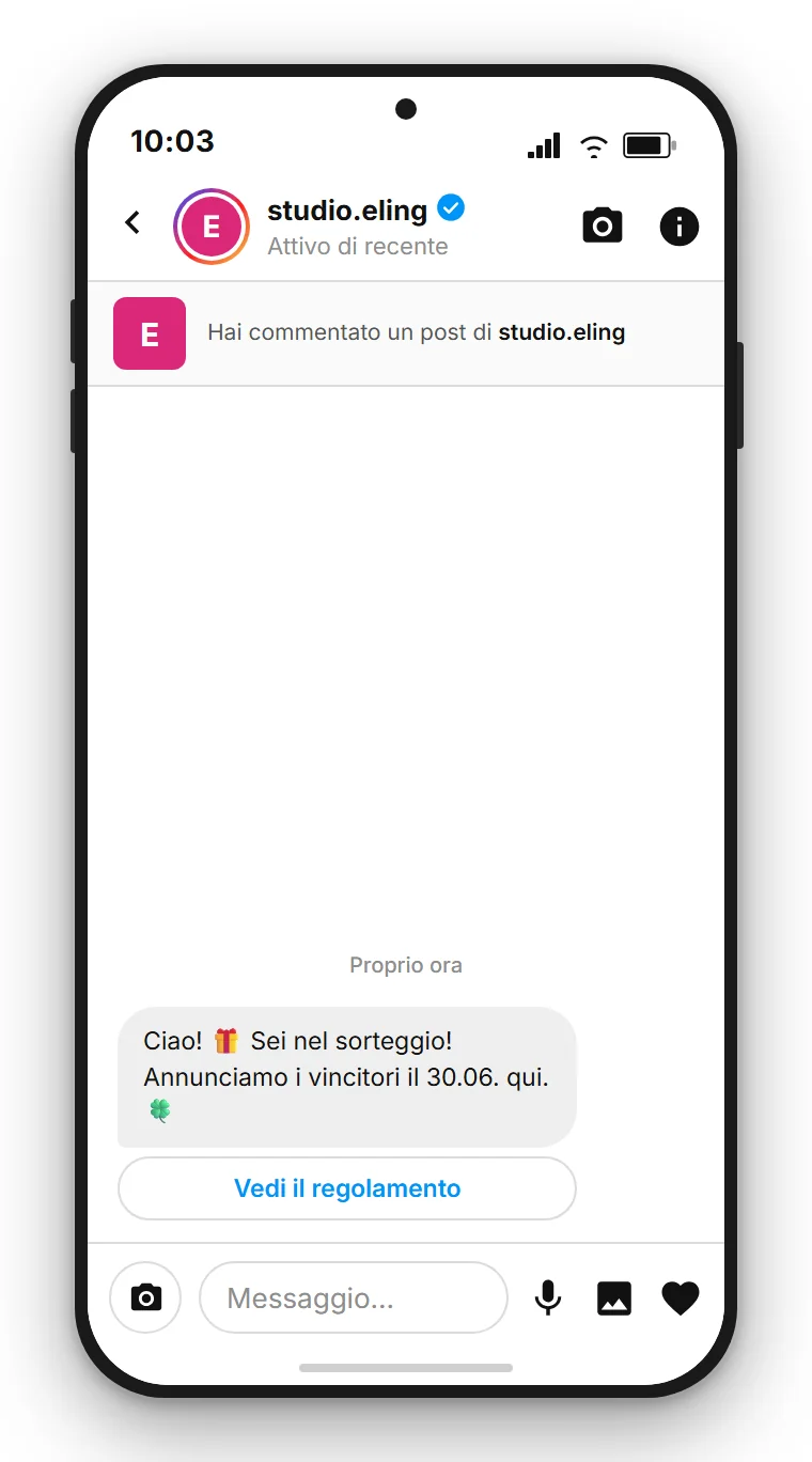 SendSeven Comment-to-DM: messaggio diretto Instagram automatico con pulsante verso il regolamento del concorso nel primo messaggio