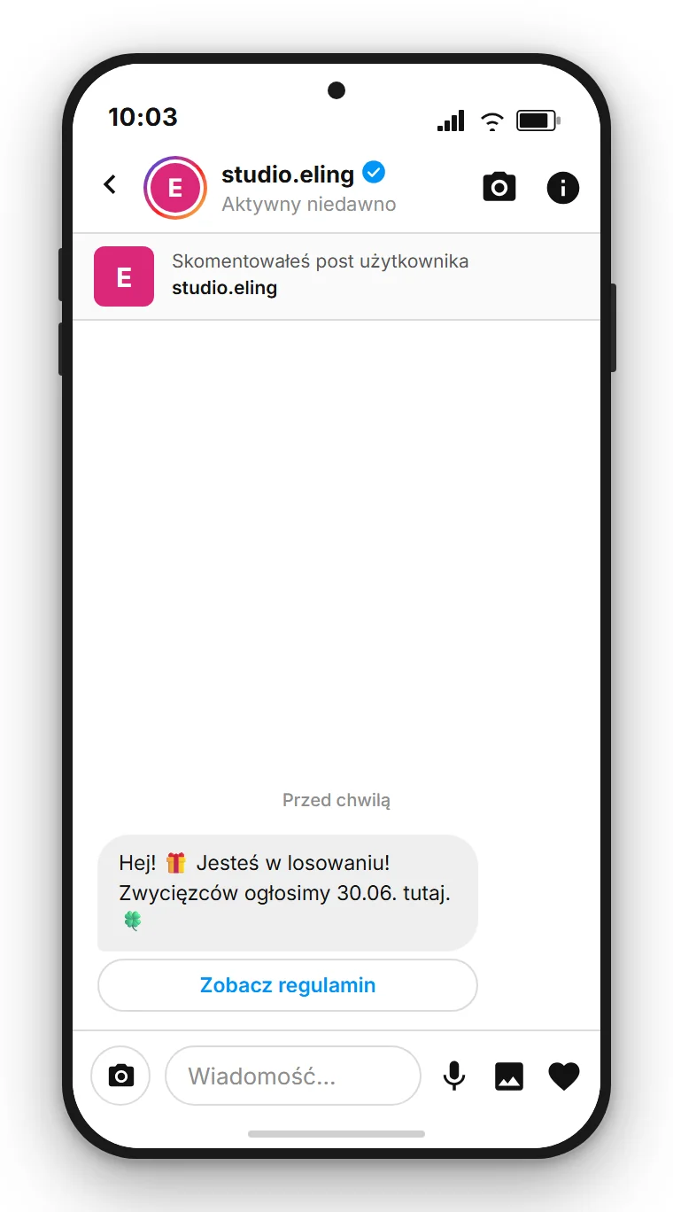SendSeven Comment-to-DM: automatyczna wiadomość prywatna na Instagramie z przyciskiem do regulaminu losowania w pierwszej wiadomości