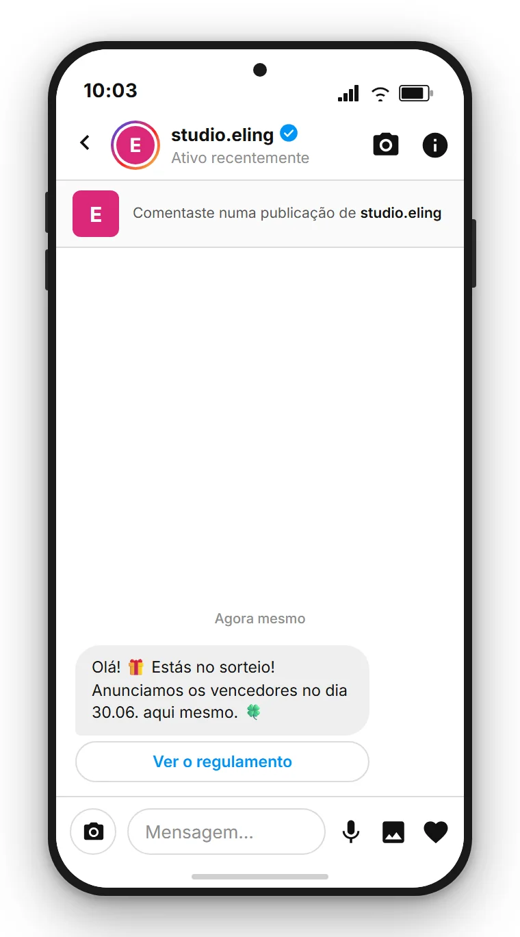 SendSeven Comment-to-DM: mensagem direta automática do Instagram com botão para o regulamento do sorteio na primeira mensagem