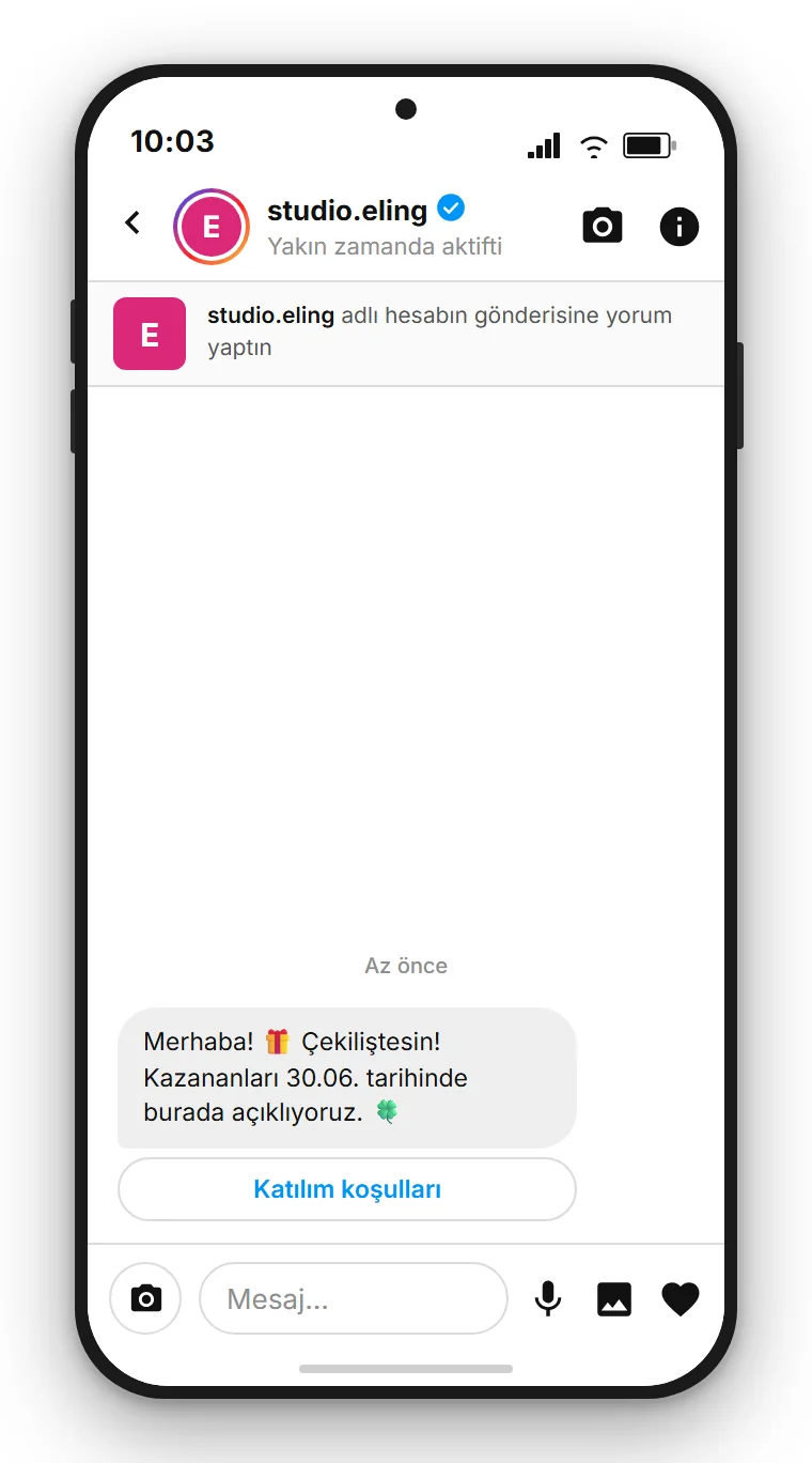 SendSeven Comment-to-DM: ilk mesajda çekiliş katılım koşullarına giden düğme içeren otomatik Instagram direkt mesajı