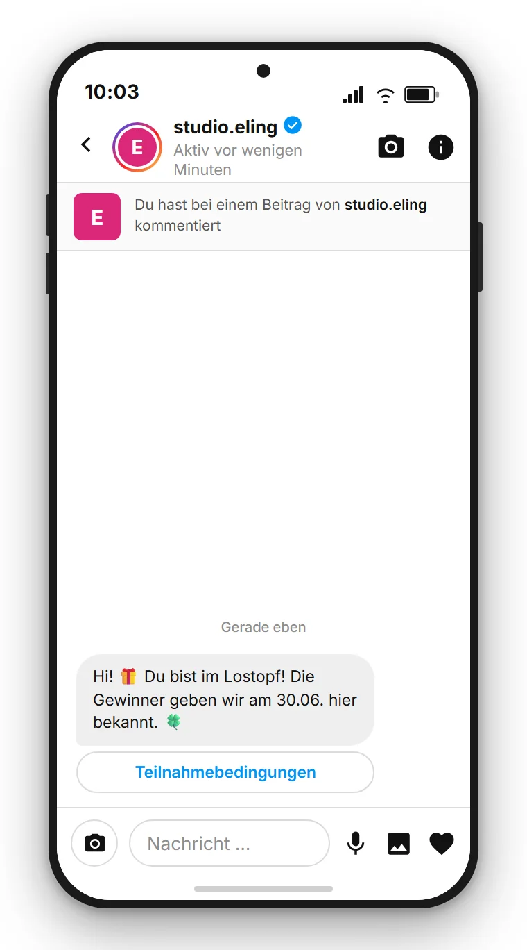 SendSeven Comment-to-DM: automatische Instagram-Direktnachricht mit Schaltfläche zu den Teilnahmebedingungen in der ersten Nachricht