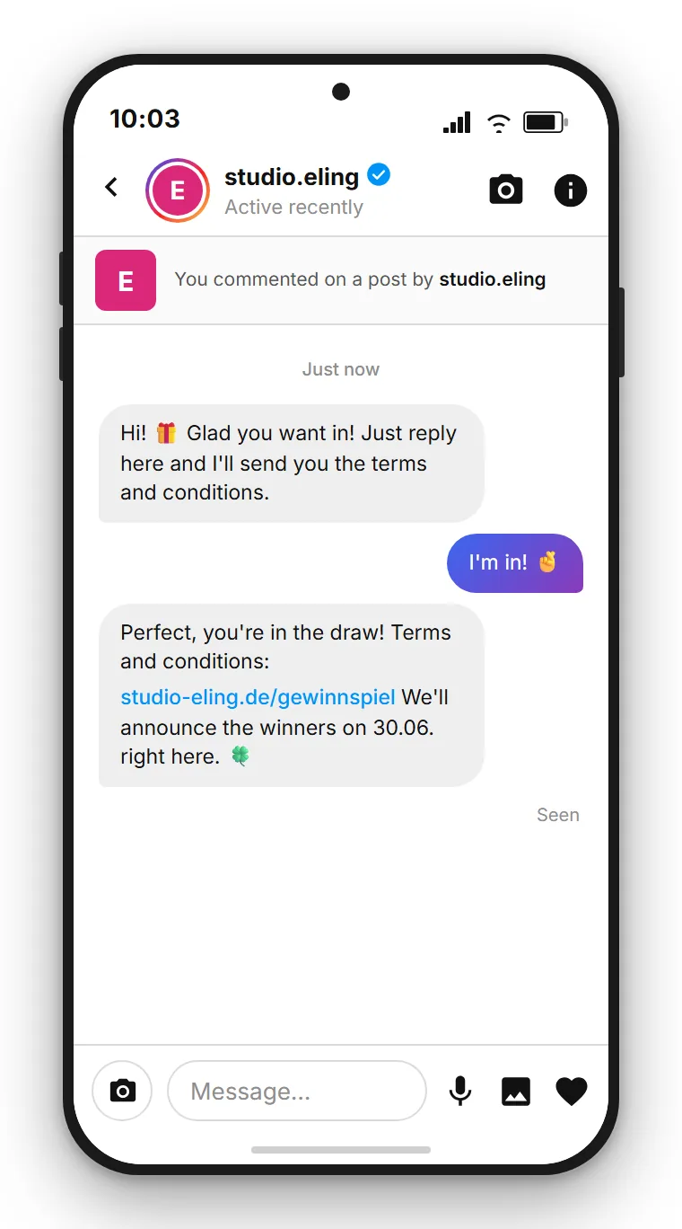 SendSeven Comment-to-DM giveaway: Instagram direct message confirms entry, states the giveaway rules and asks for email consent for future marketing