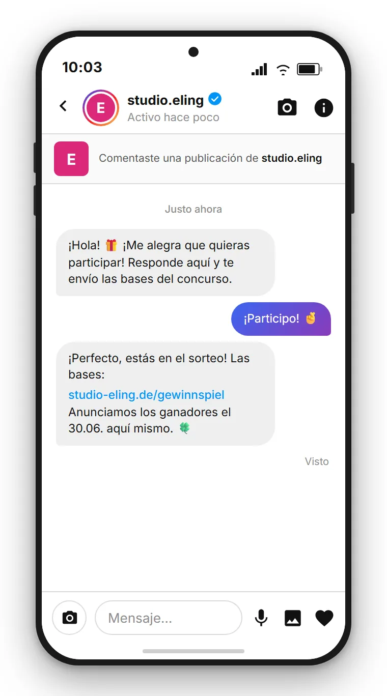 SendSeven Comment-to-DM para sorteo en Instagram: mensaje directo automático que confirma la participación en el sorteo, menciona las bases y pregunta por el consentimiento de email para futuros contactos