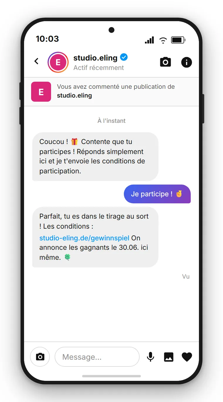 SendSeven Comment-to-DM concours : message direct Instagram confirmant la participation, mentionnant les règles et demandant un consentement pour les e-mails marketing futurs