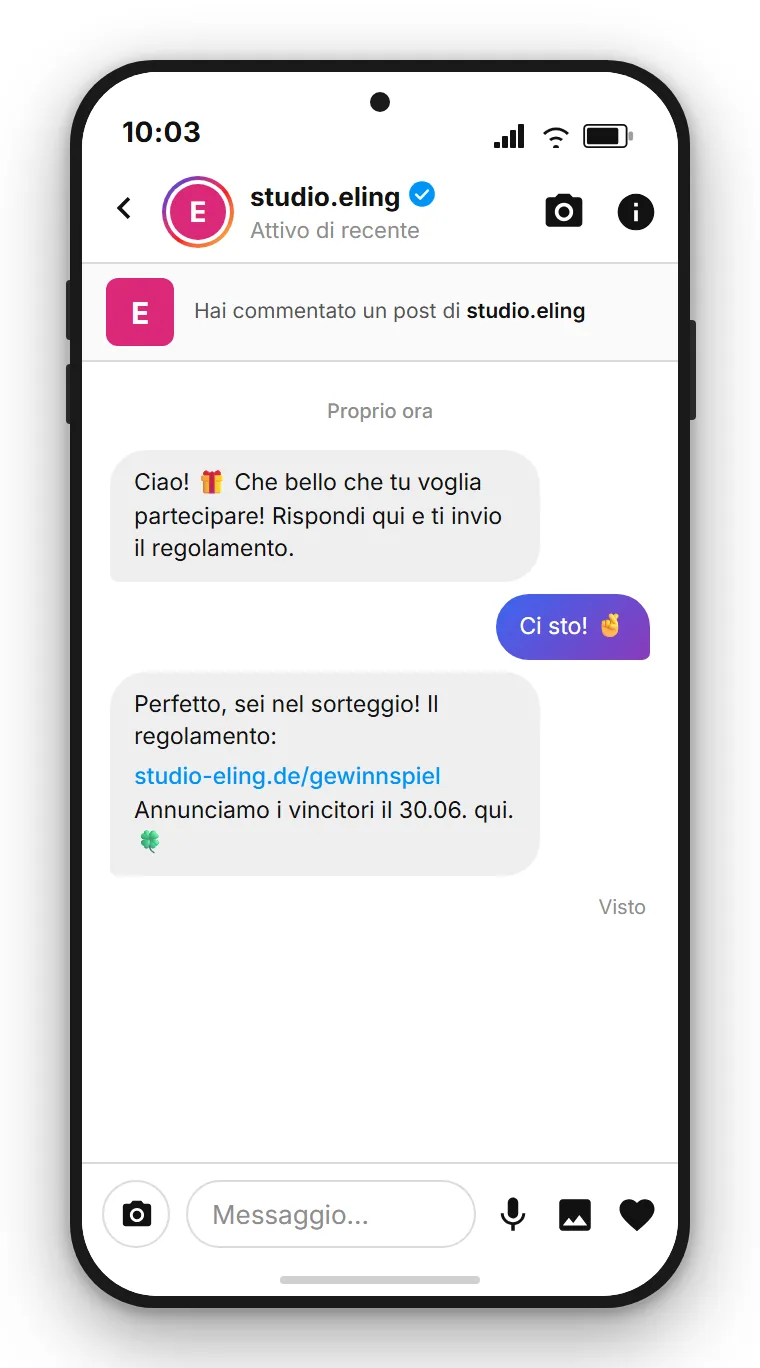 SendSeven esempio: DM automatico con conferma di partecipazione al concorso Instagram dopo un commento alla parola chiave WIN