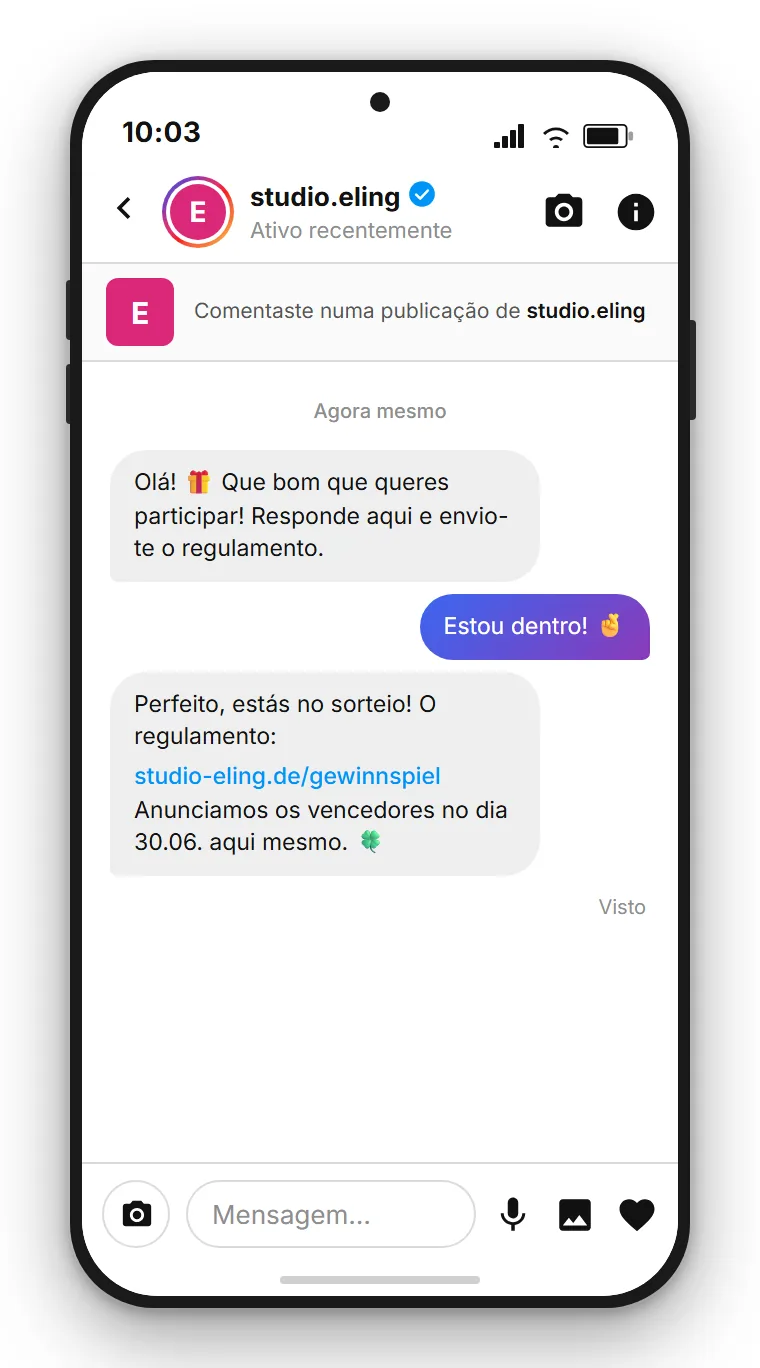 SendSeven Comment-to-DM sorteio: DM automática do Instagram a confirmar a participação no sorteio, com as regras e a data de anúncio do vencedor