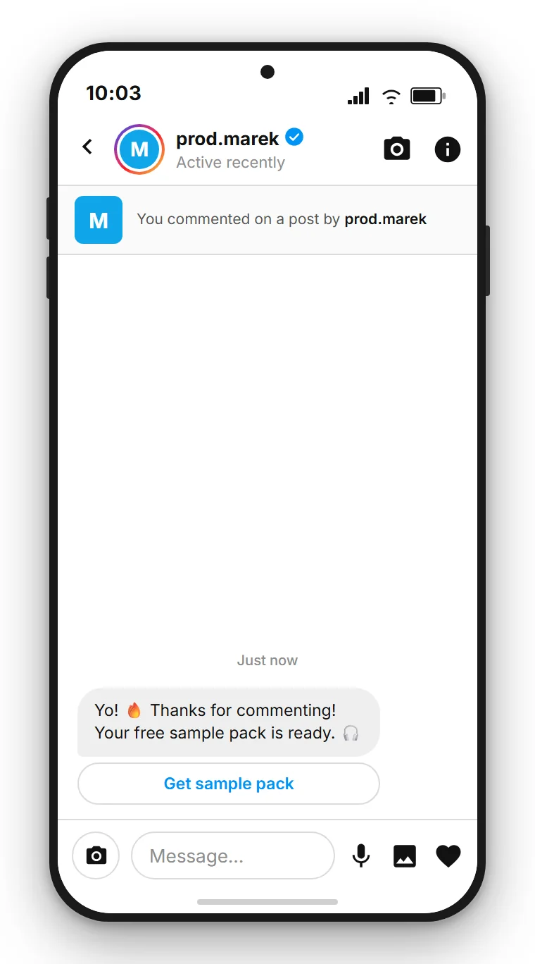 SendSeven Comment-to-DM: automated Instagram direct message with a button to the free sample pack in the first message