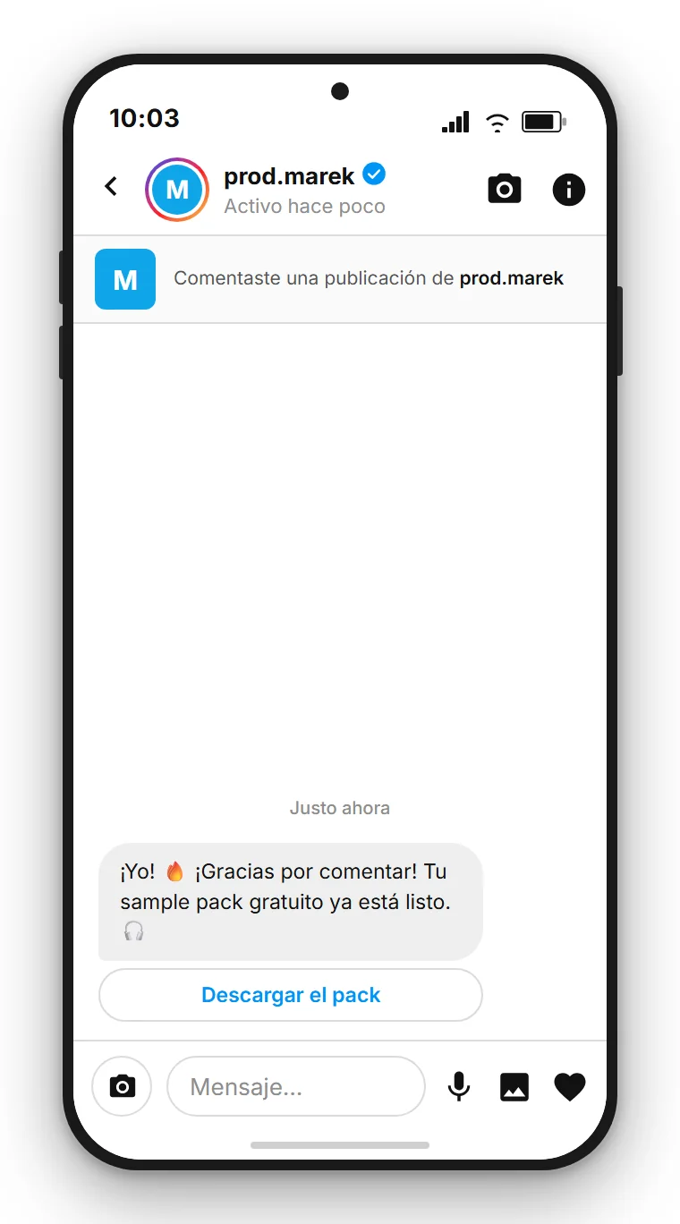 SendSeven Comment-to-DM: mensaje directo automático de Instagram con un botón al sample pack gratuito en el primer mensaje