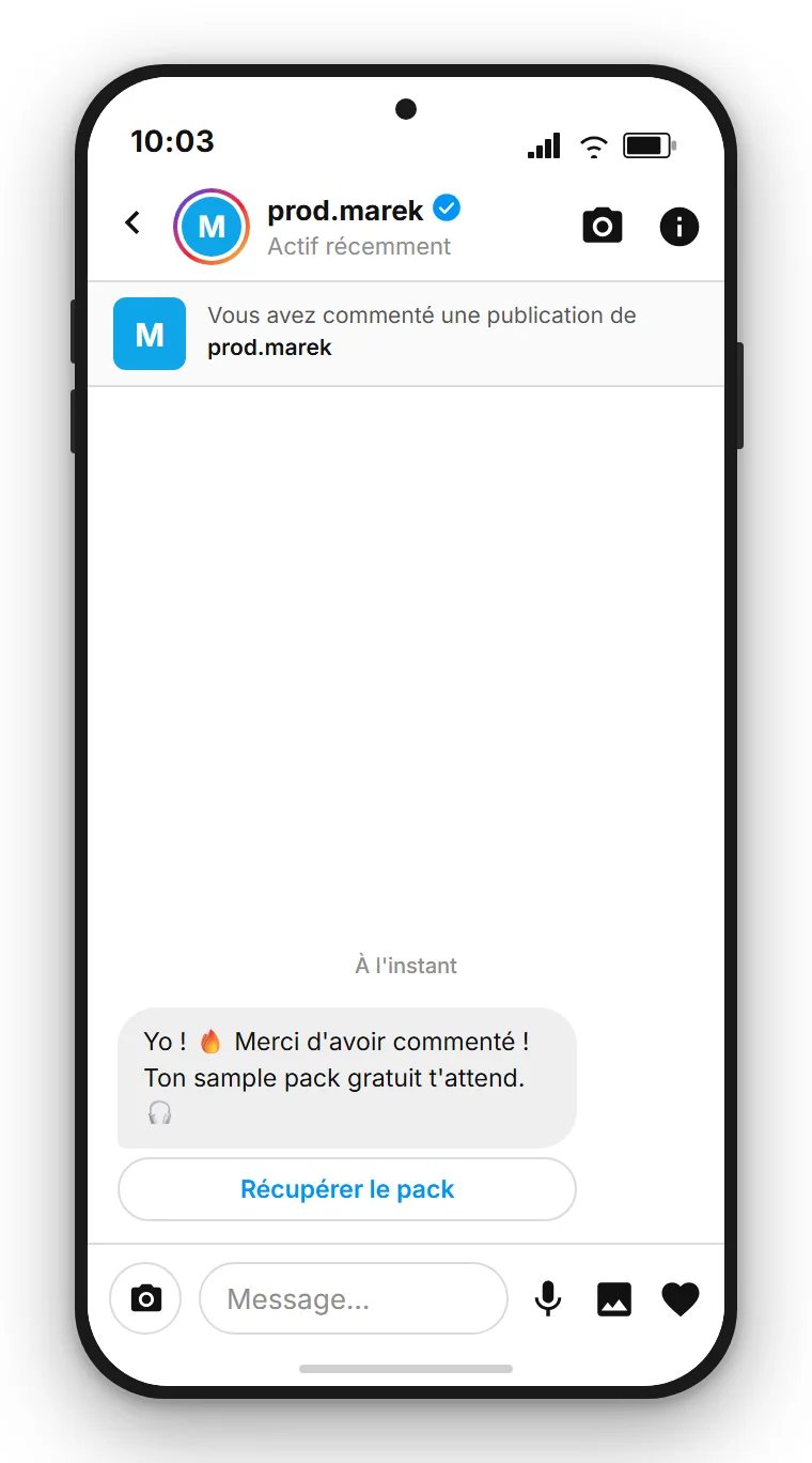 SendSeven Comment-to-DM : message direct Instagram automatique avec un bouton vers le sample pack gratuit dès le premier message